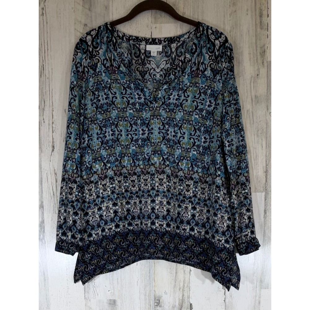 J Jill Blouse Top Small Petite‎ Blue Multi Paisley Medallion Rayon Notch Neck
